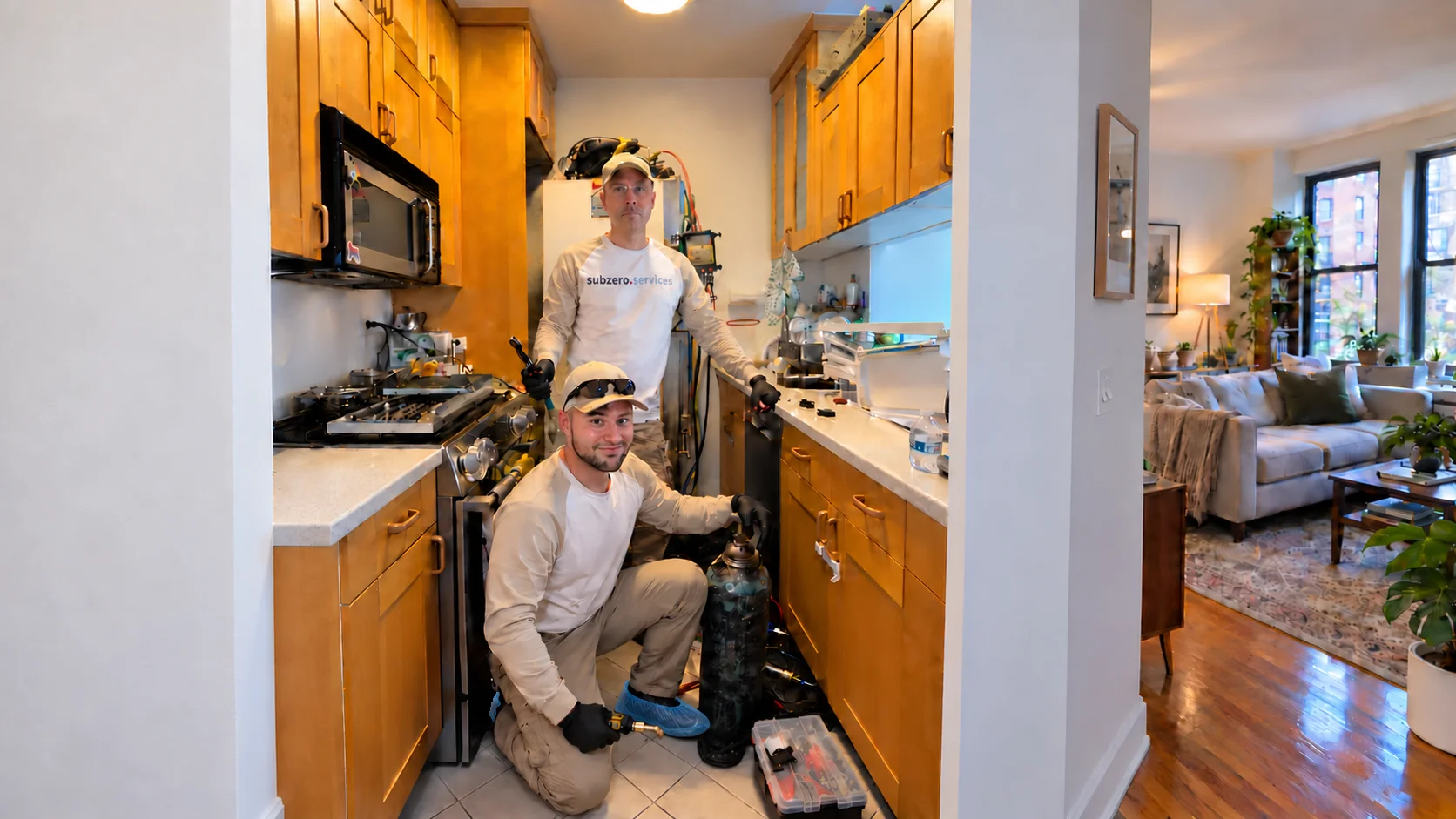 Two Sub-Zero technicians performing specialist refrigeration service in a Manhattan apartment kitchen