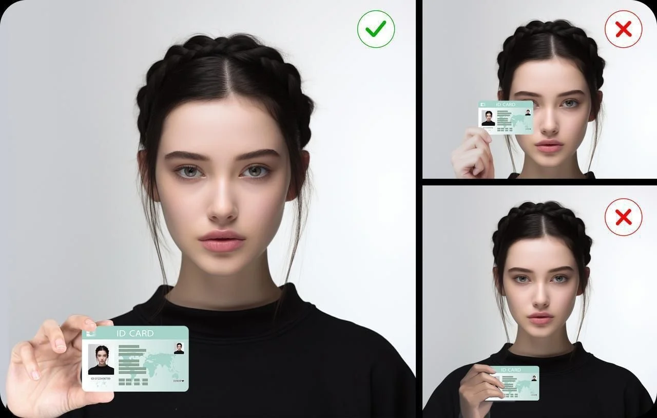 Selfie with ID example: correct pose — hold ID at chest, face visible above it.