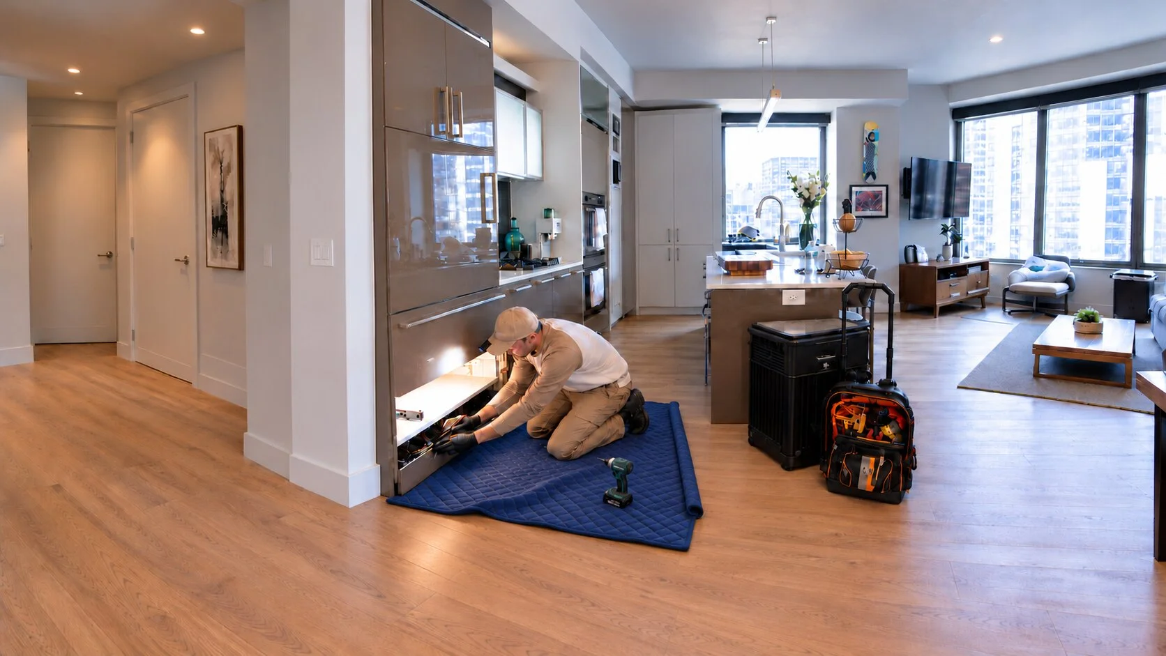 Technician performing detailed built-in Sub-Zero refrigeration repair in a sunlit contemporary Manhattan apartment