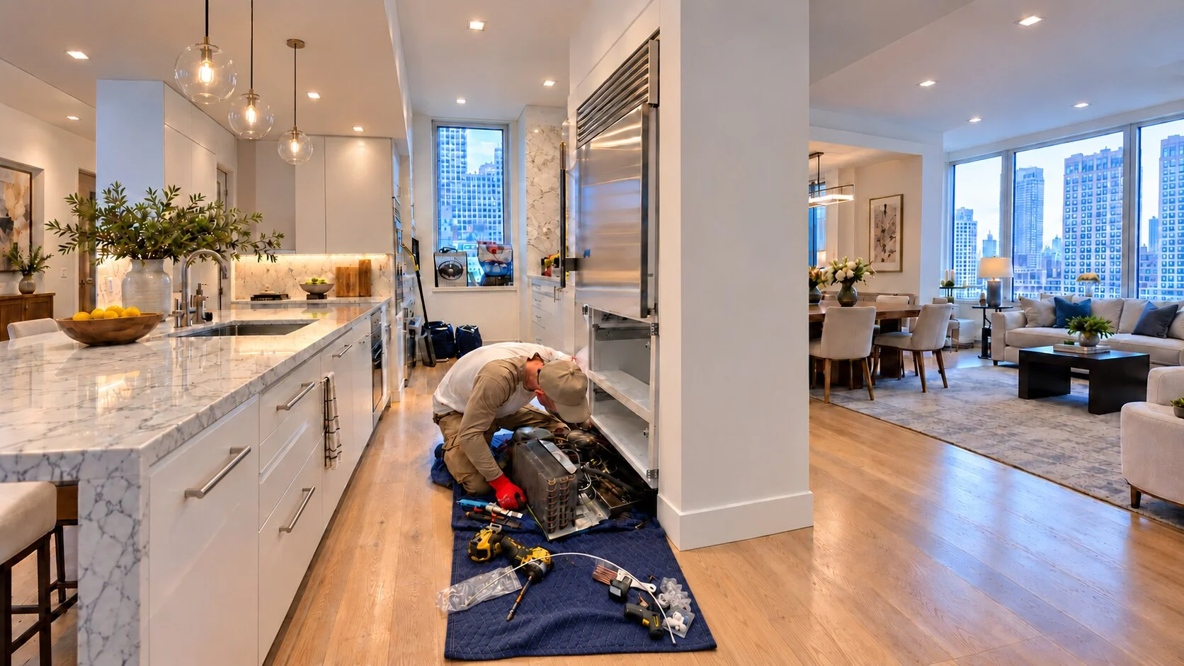 Sub-Zero technician servicing the refrigeration system with diagnostic equipment and protective floor blankets in a bright Manhattan kitchen