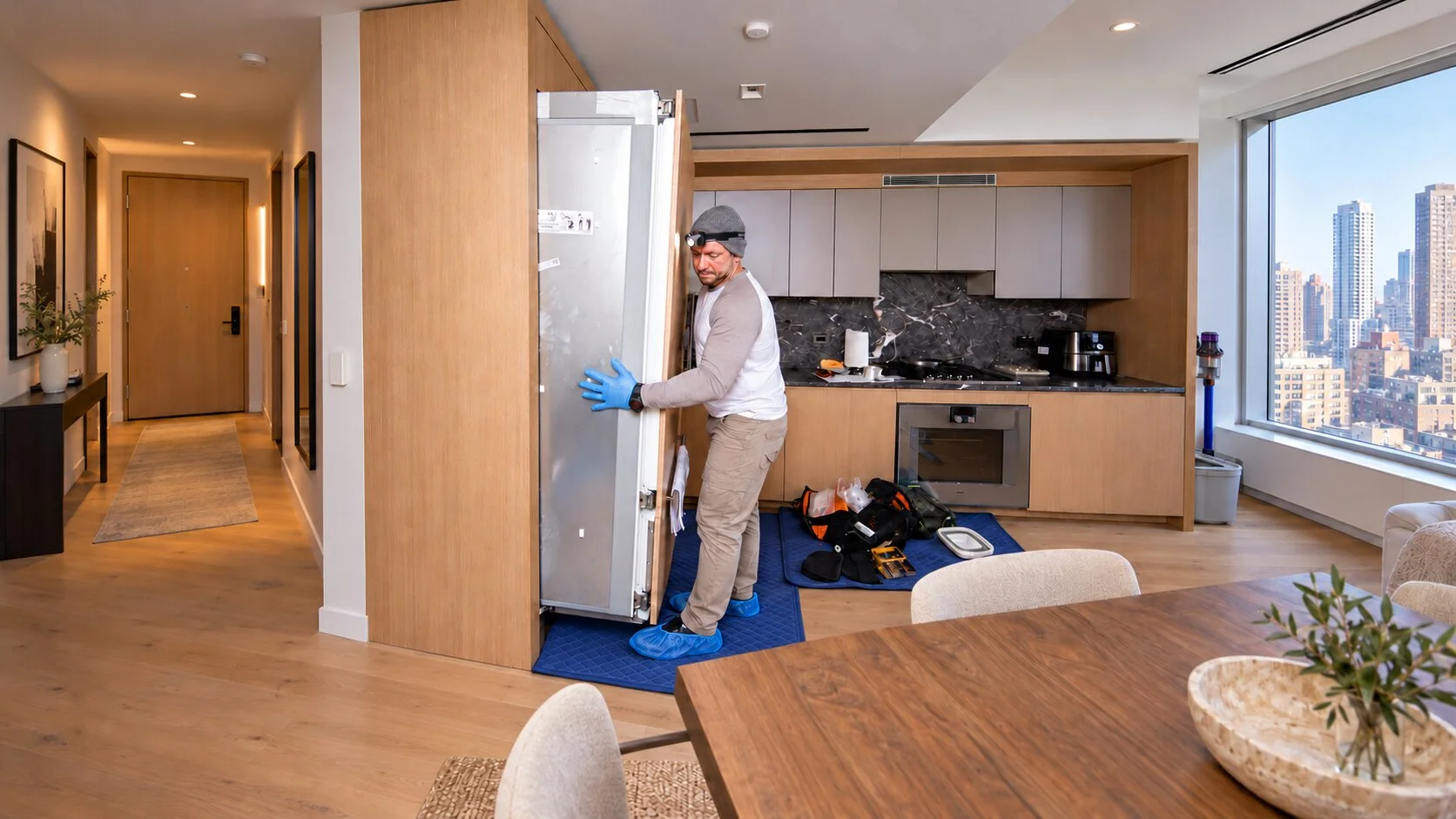 Sub-Zero technician wearing shoe covers carefully maneuvering a built-in refrigerator above protective floor blankets in a Manhattan home