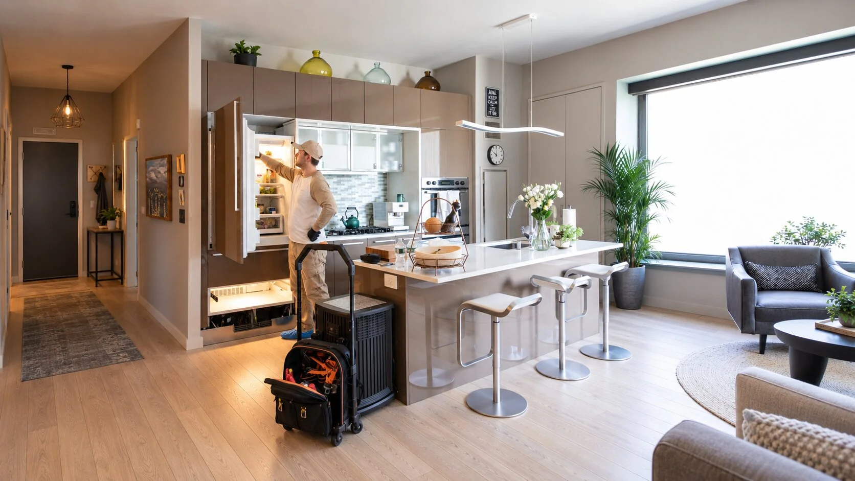 Sub-Zero technician inspecting a built-in refrigerator in a contemporary Manhattan apartment with a kitchen island and bright city windows
