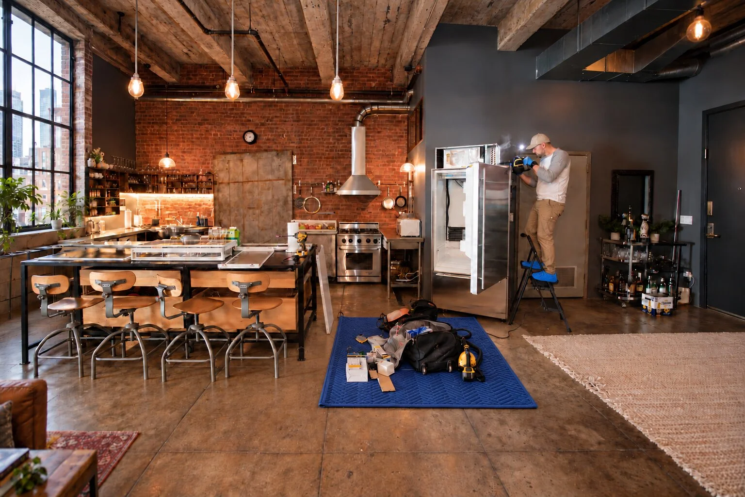 Technician carefully repairing a large Sub-Zero refrigerator in a Manhattan loft with warm brickwork and high ceilings