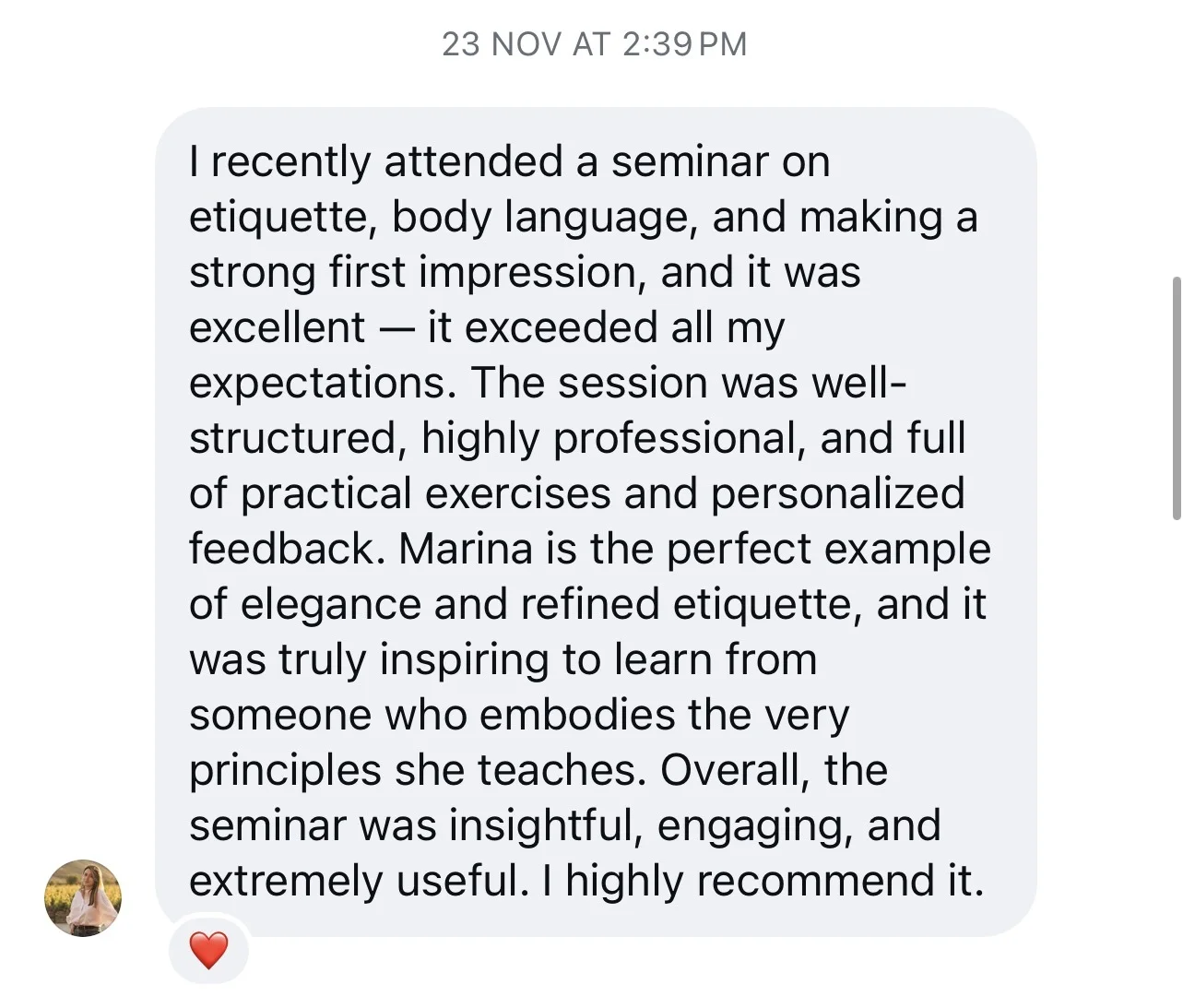 Instagram message about Marina Vradi's etiquette seminar