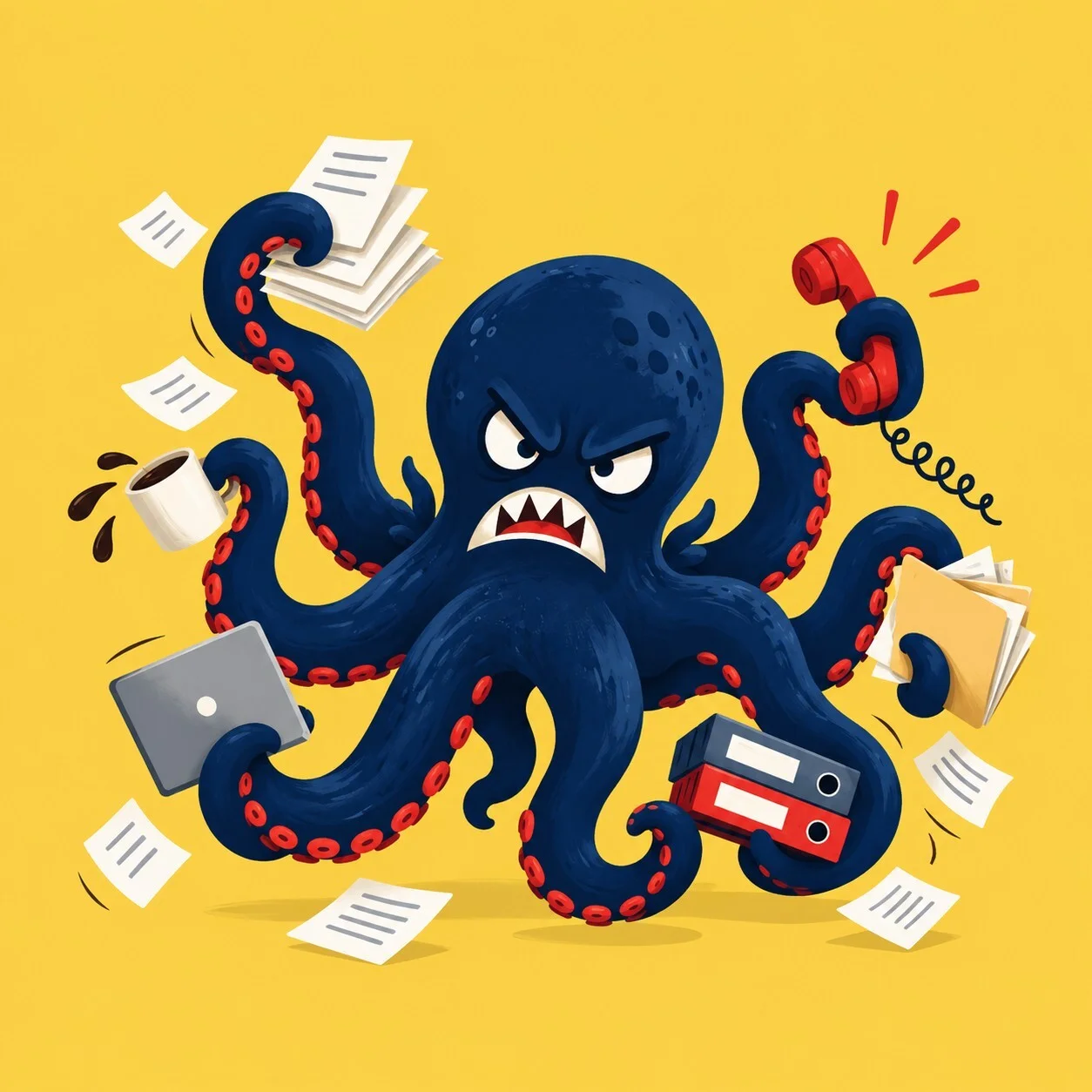 Angry cross-department monster juggling paperwork, phone calls, files, and other operational chaos