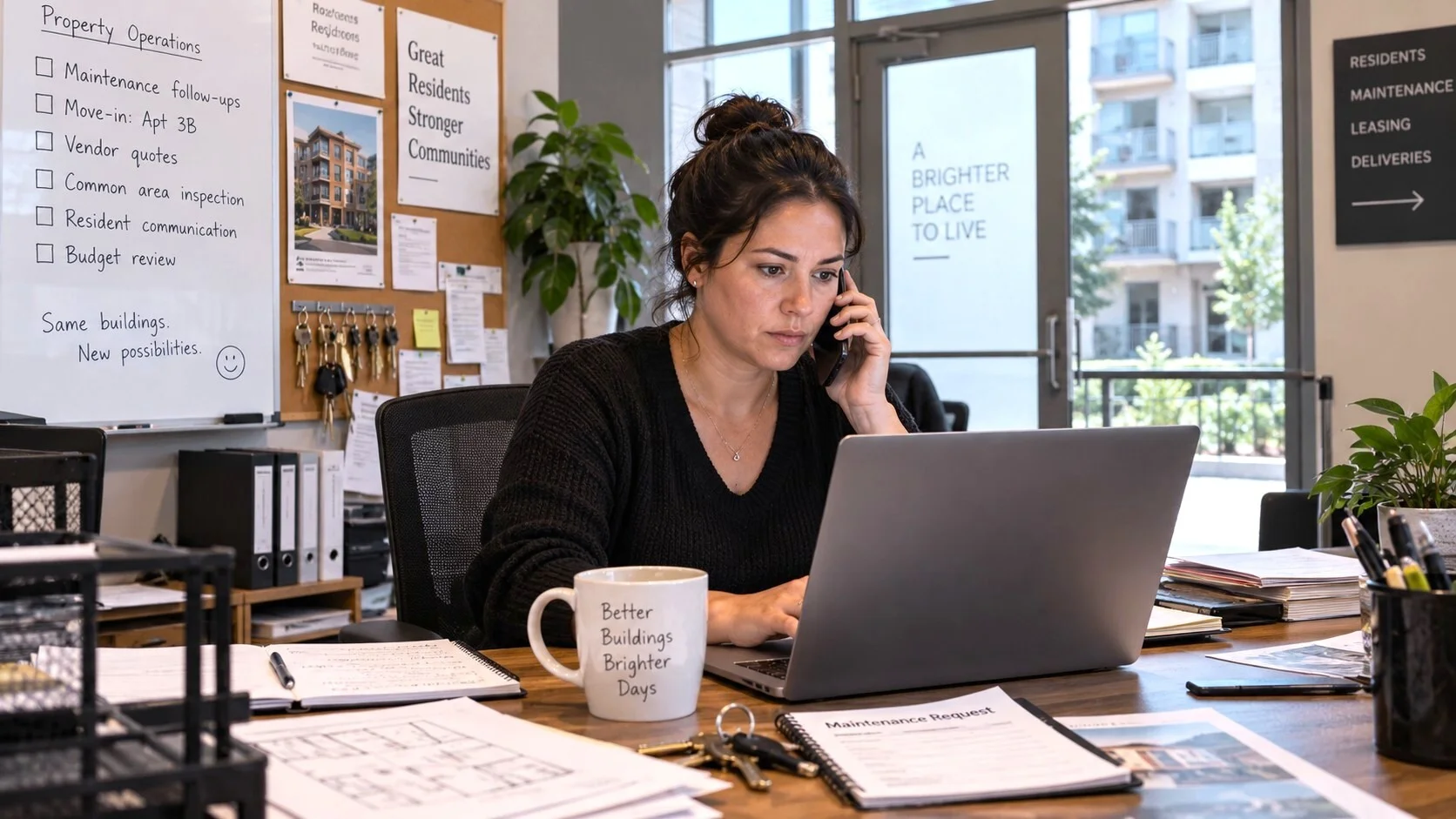 Property manager working with a phone and laptop with building context visible