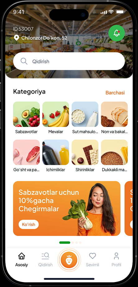 Ilovaning asosiy ekrani: kategoriyalar va aksiyalar