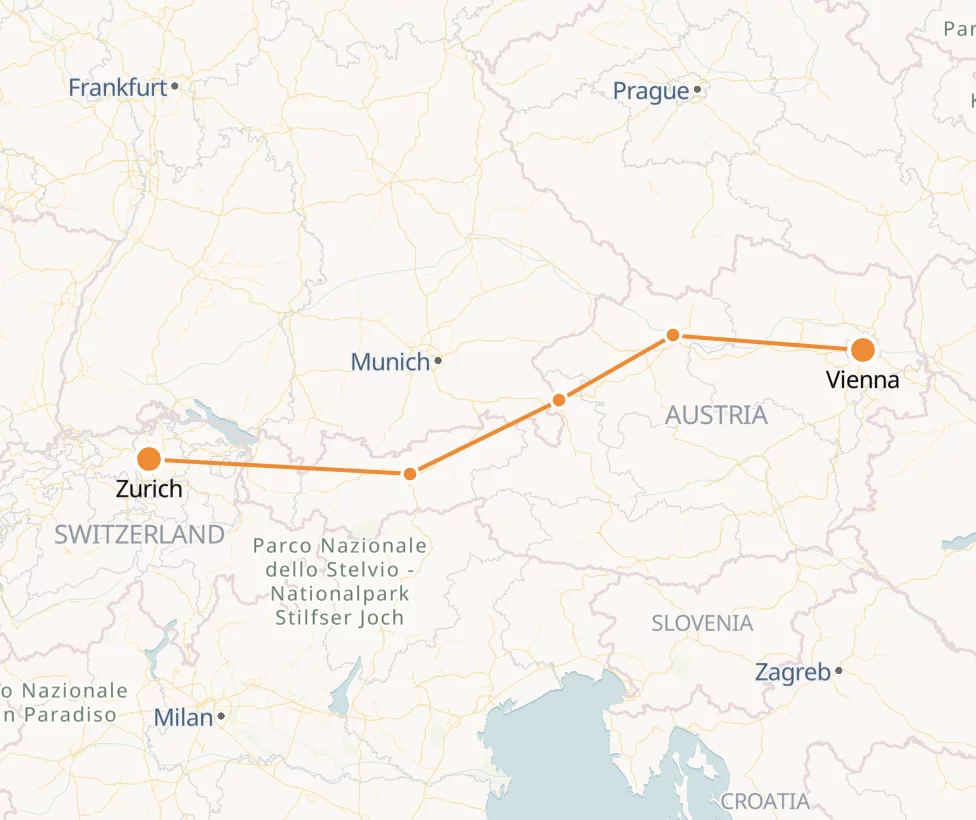 Vienna to Zurich Railjet Train Tickets Distance Austrian Trains