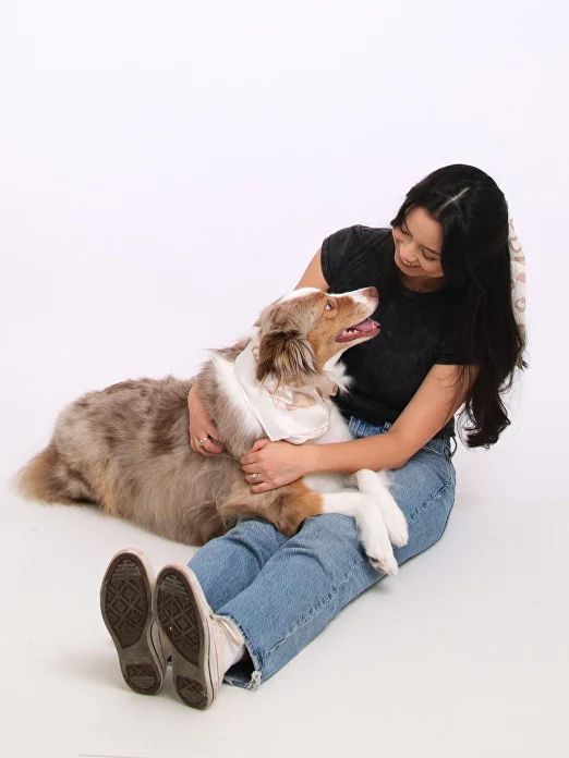 Dog portrait session with owner in a self-portrait studio in San Francisco
