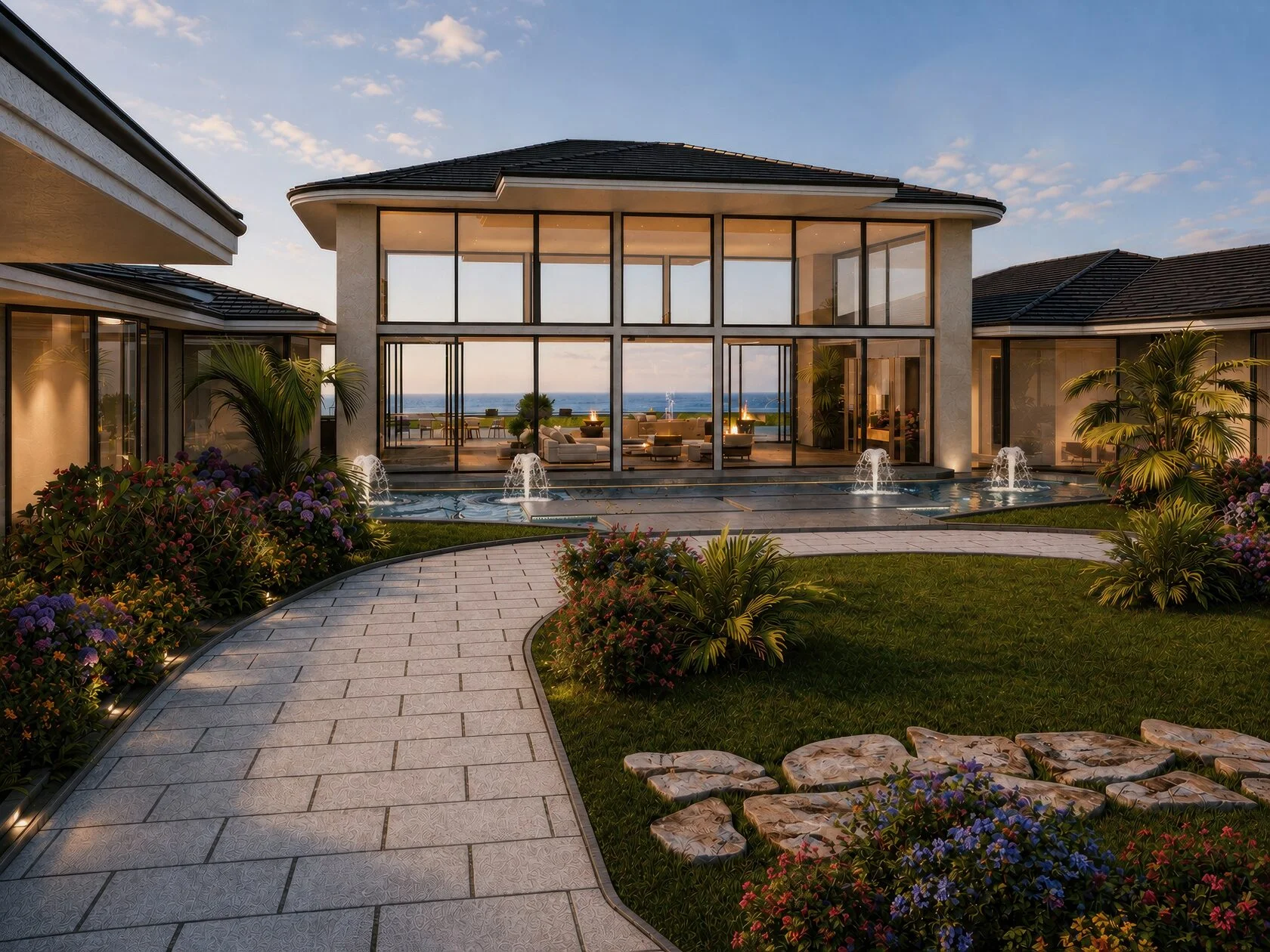 Maui estate — courtyard fountains at dusk