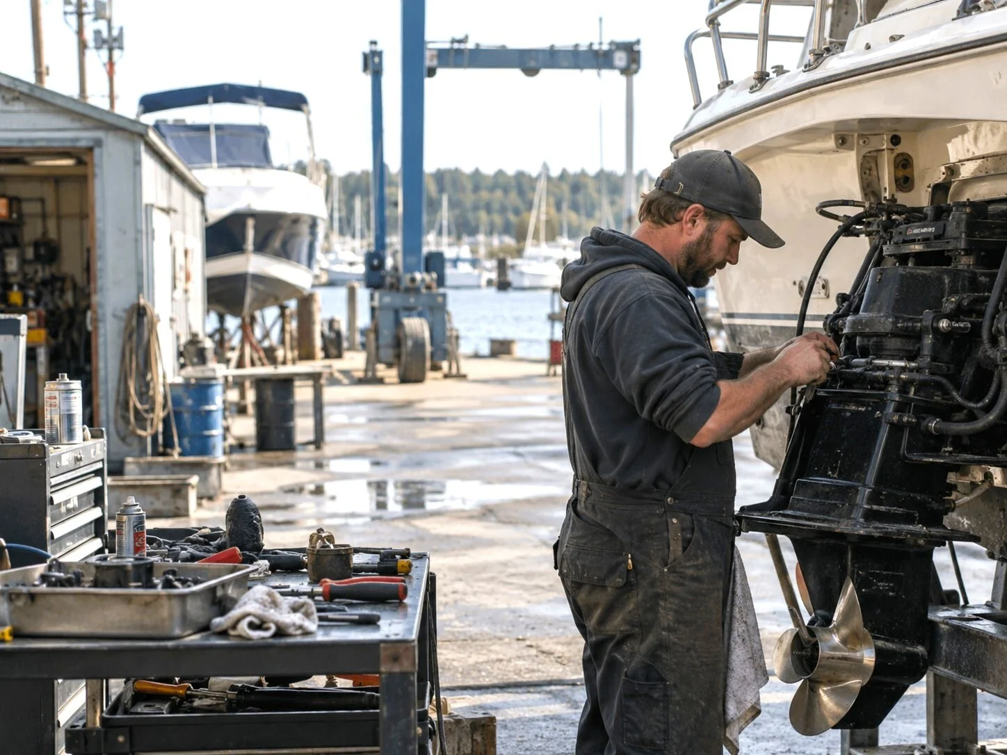 Technician working with equipment in a practical small-business operations environment
