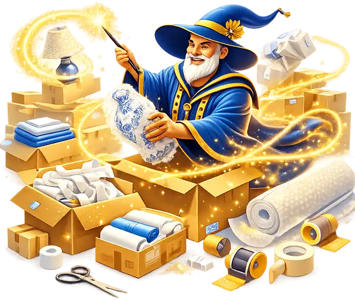 Moving wizard packing boxes