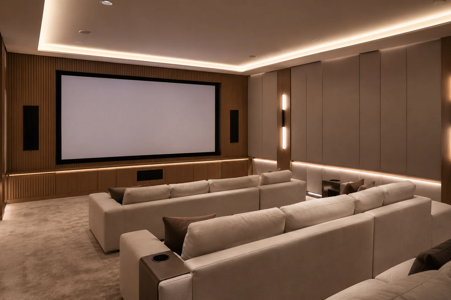 Premium private home cinema with integrated screen, speakers and acoustic finishes