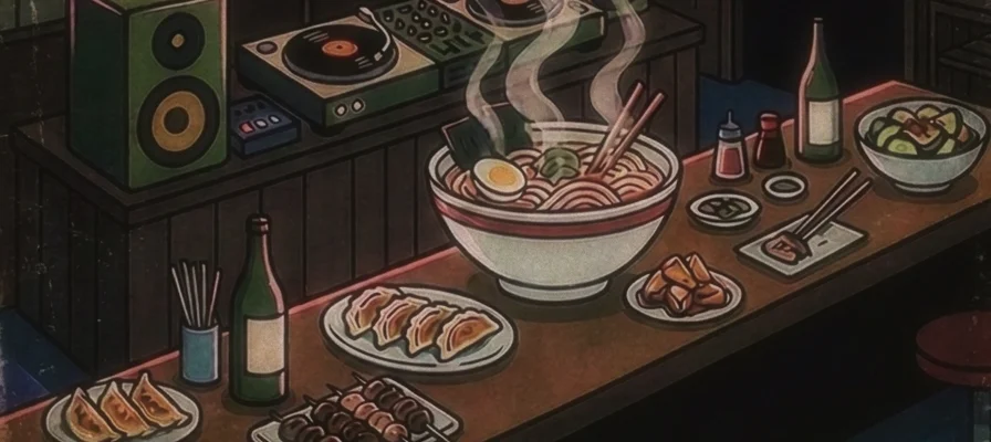 Balcão de izakaya com ramen, gyoza e toca-discos