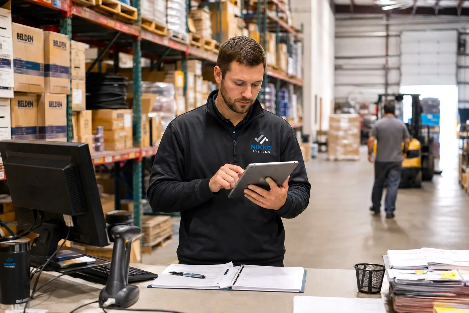 Wholesale distribution employee checking order information in a warehouse