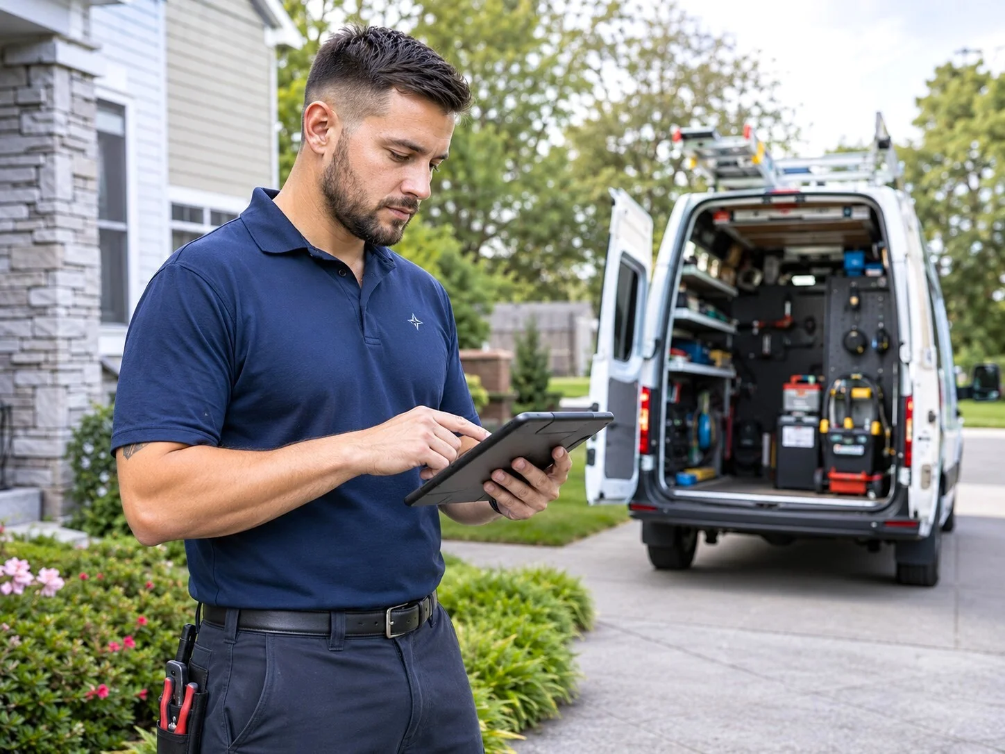 Home-service technician at a customer property using a tablet beside a service vehicle