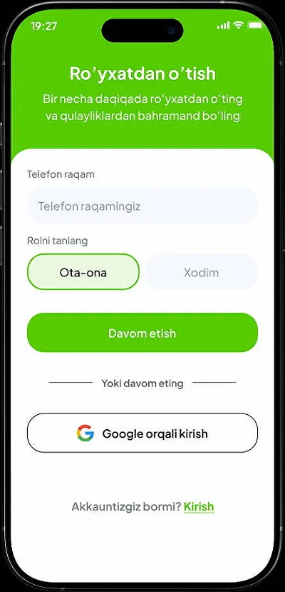 Ro'yxatdan o'tish ekrani: telefon raqami orqali kirish