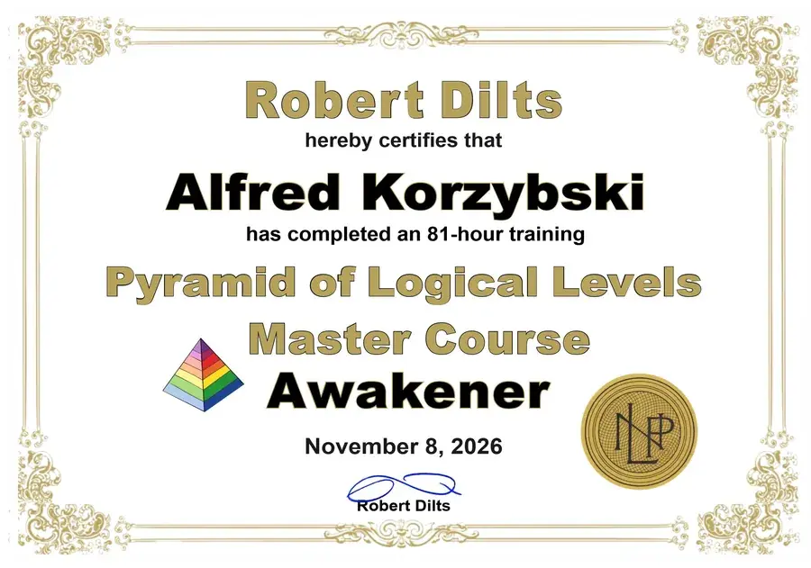 Example of Master Course Awakener certificate from Robert Dilts