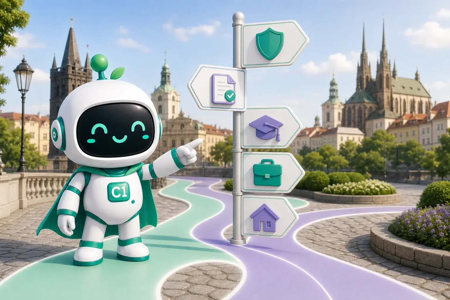 Маскот CENTR1 сравнивает элементы страхового полиса в Праге