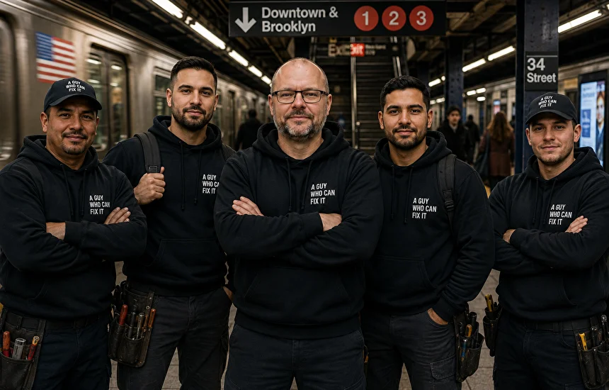 Five A Guy Who Can Fix It team members in branded black clothing at a Manhattan subway station