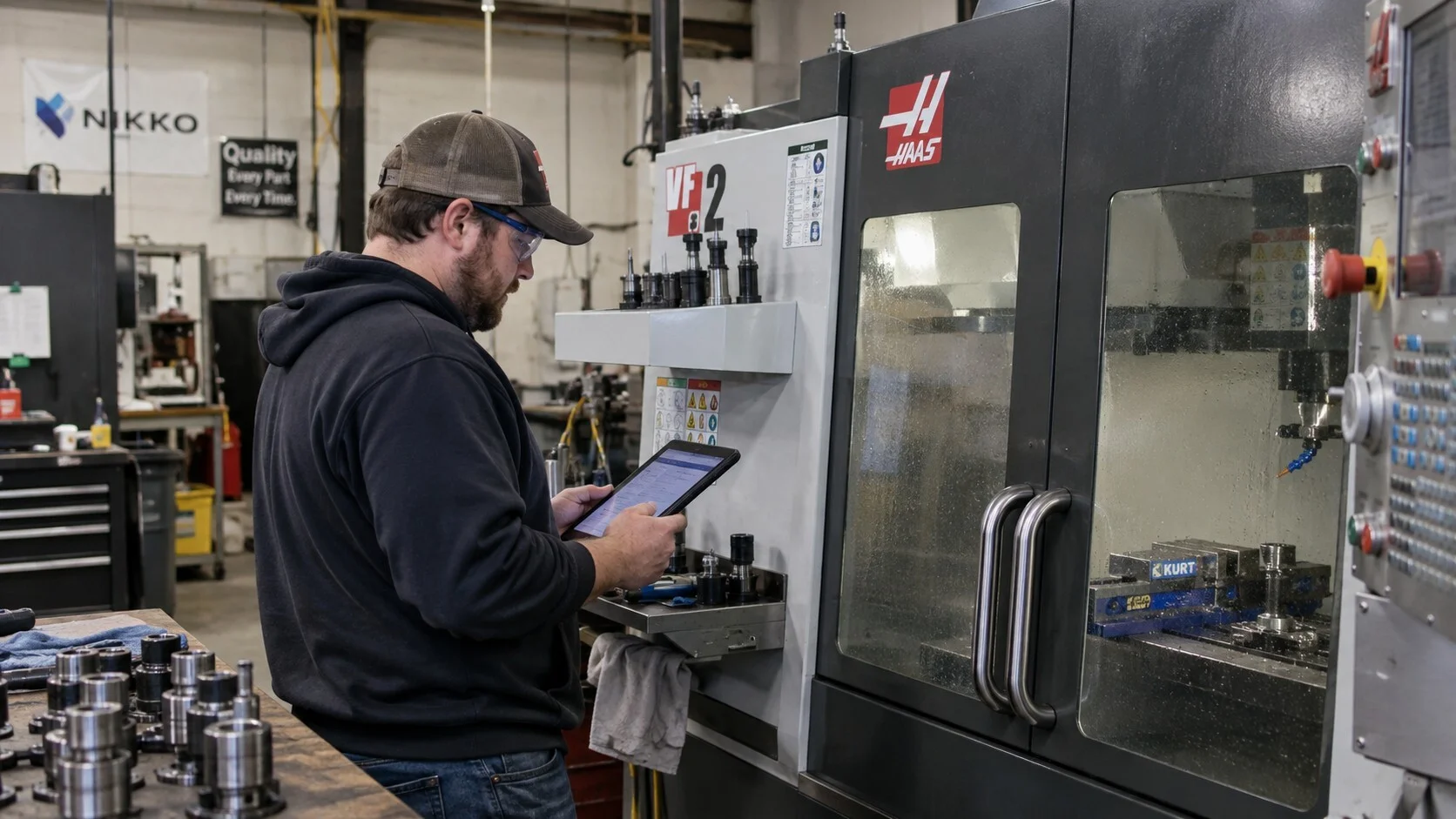 Machine shop operator near CNC or industrial equipment with a tablet or maintenance sheet