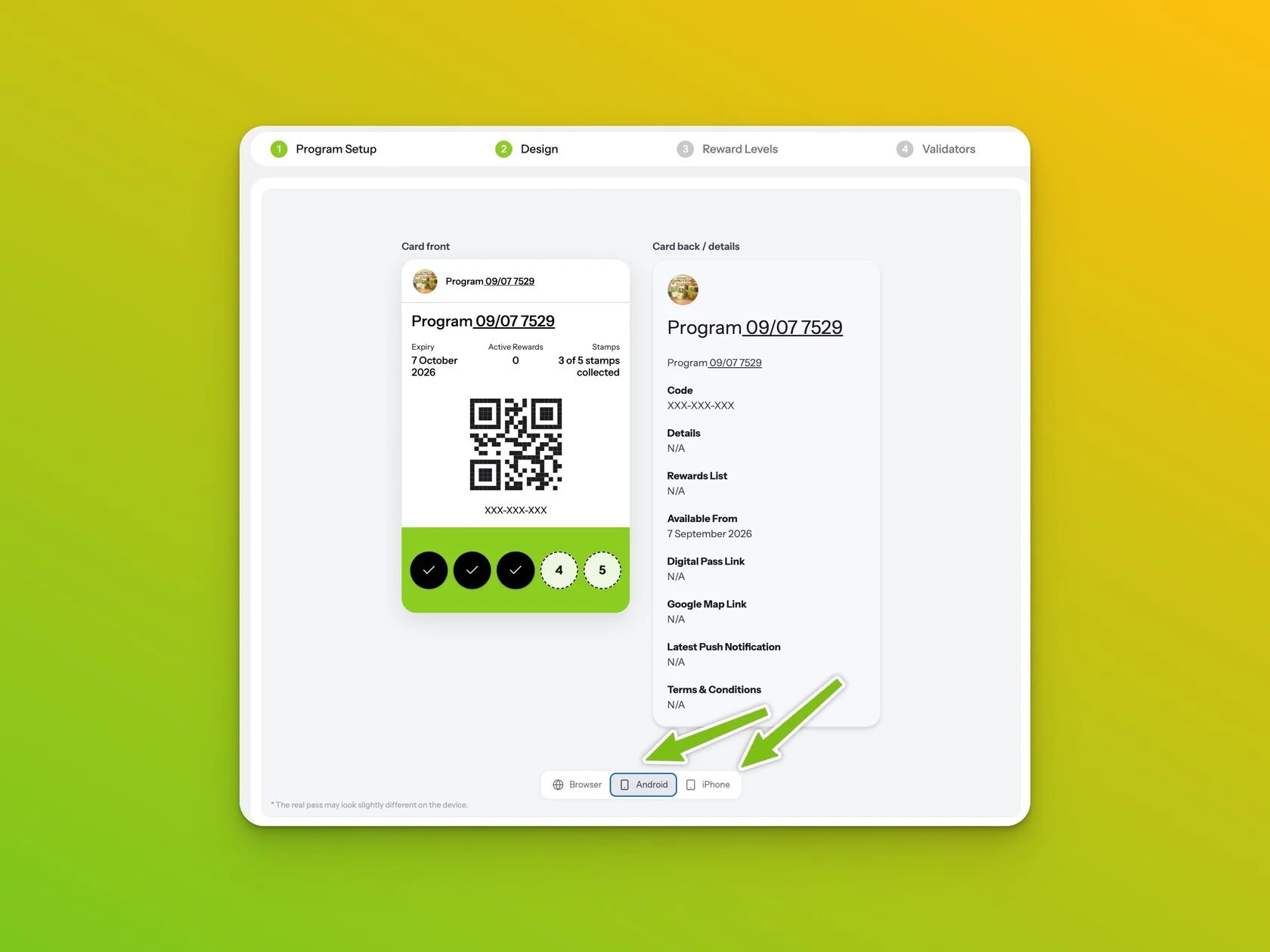 Loyalty Program Design step with Browser, Android and iPhone wallet card previews