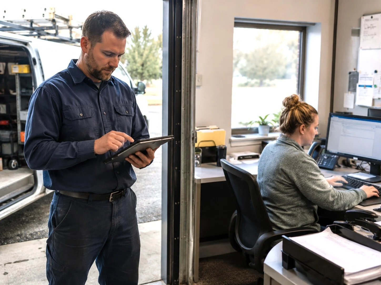Service technician completing a job digitally while an office employee handles billing