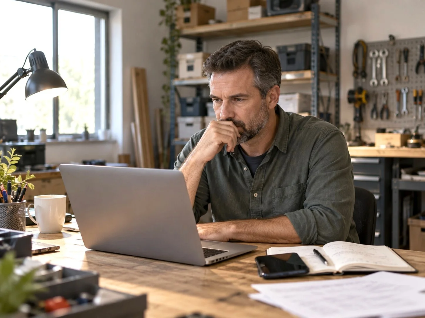 Business operator reviewing a problem at a laptop in a practical workshop office