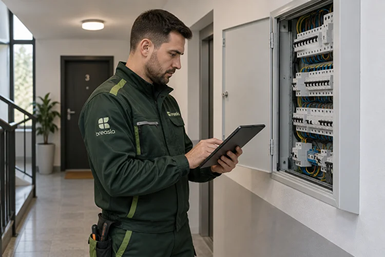 Electrician care verifică tabloul electric într-un bloc din Chișinău