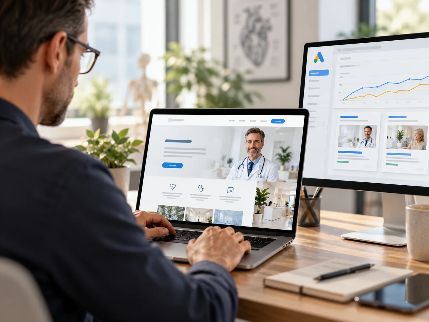 Ein Mann baut am Laptop die Website einer Arztpraxis, daneben ein Bildschirm mit Anzeigen-Auswertung