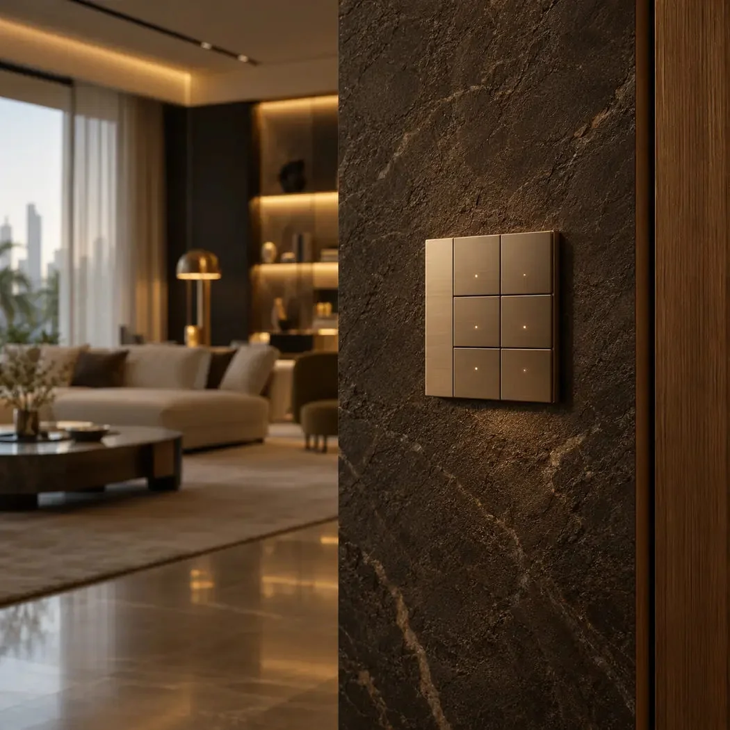 Illustrative smart home control panel integrated into a premium interior