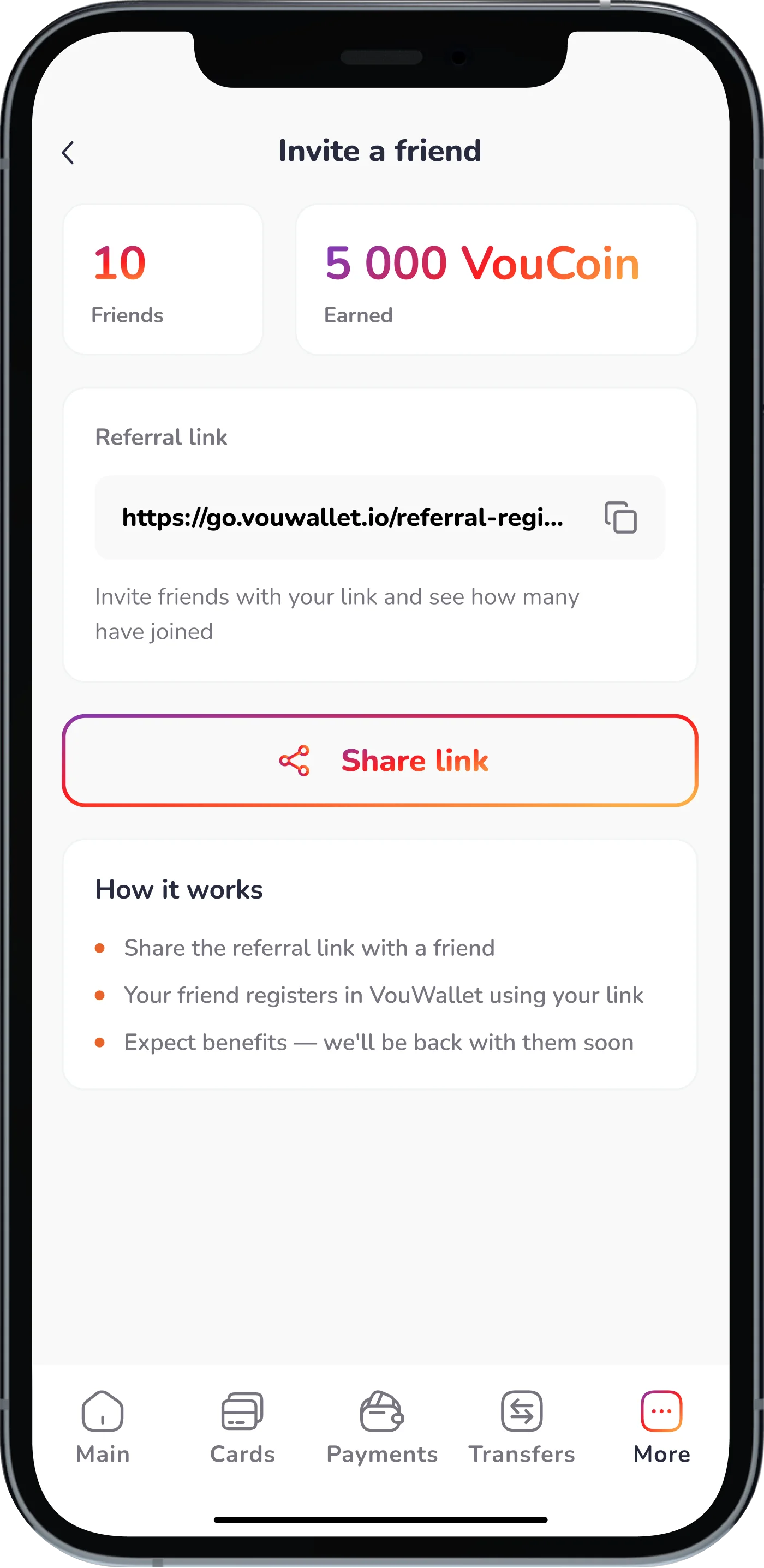 “Invite a friend” screen — 10 friends already, VouCoin coming in