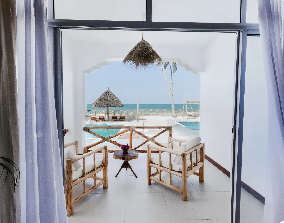 Terrace looking out to the pool and the sea
