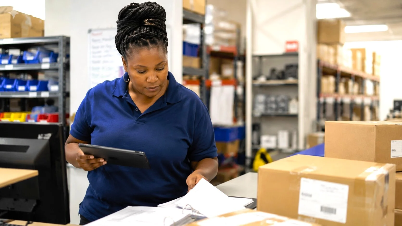 Warehouse employee checking order paperwork and inventory in a distribution operation