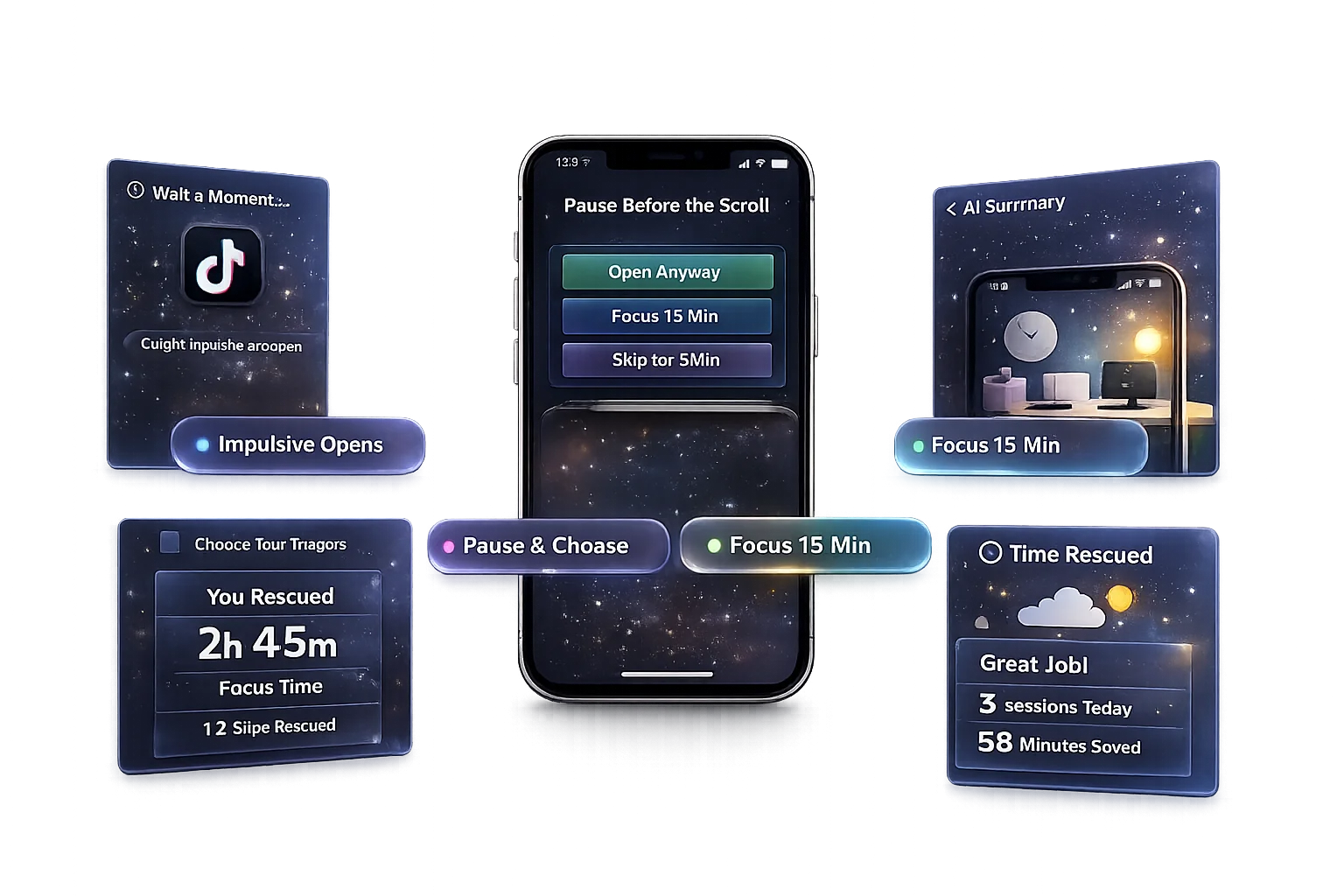 Slipstop hero visual with one iPhone and floating screenshots