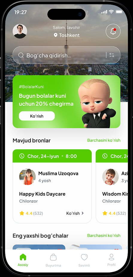 Asosiy ekran: xizmatlar va yaqin joylar