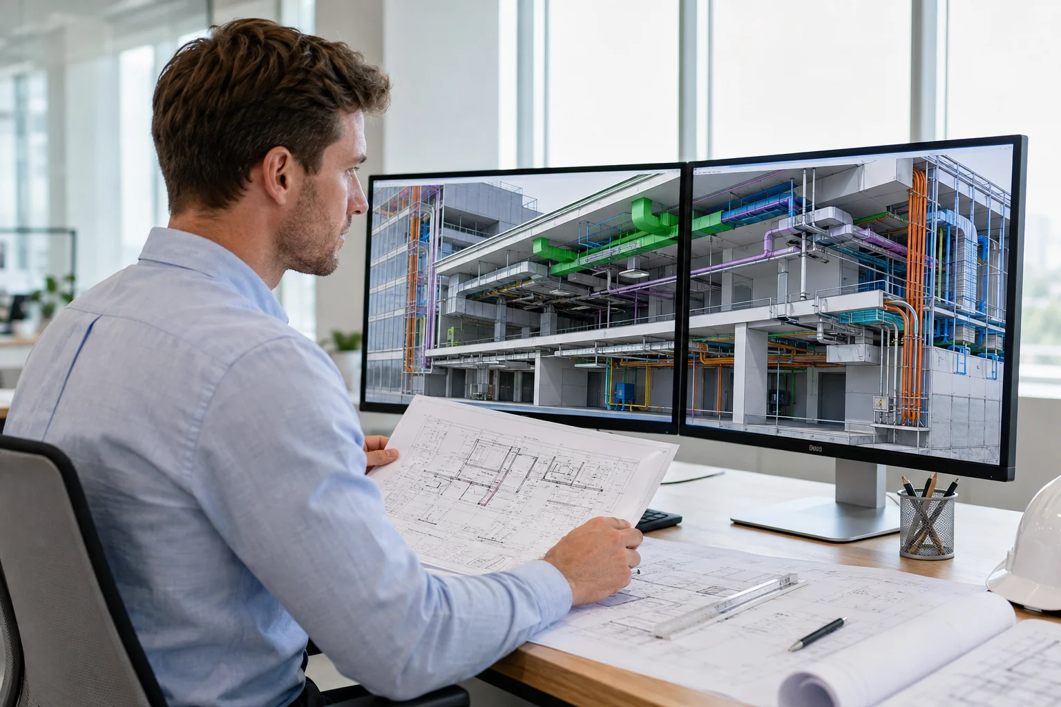 Engineer coordinating building services in a detailed BIM model