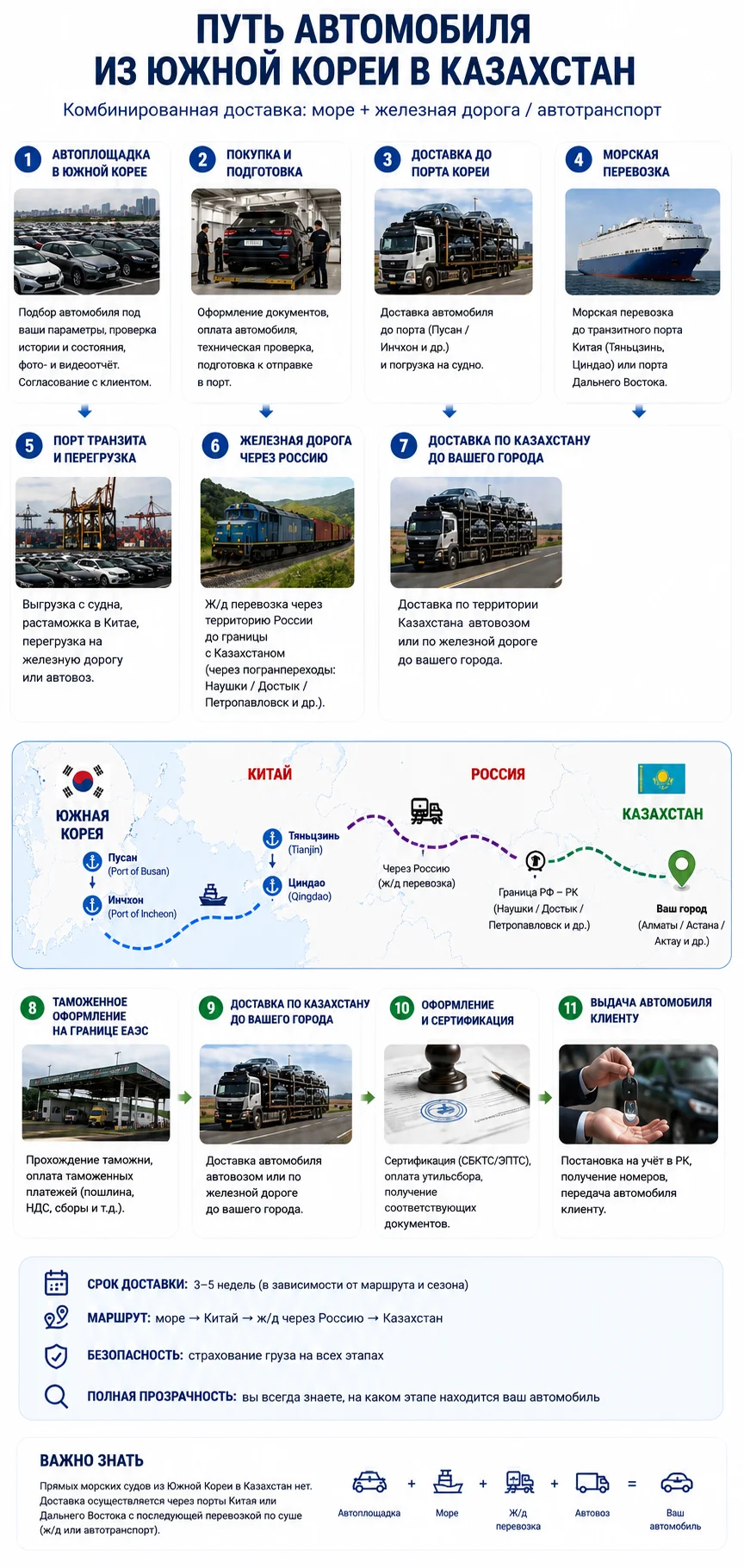 Маршрут доставки автомобиля из Южной Кореи в Казахстан