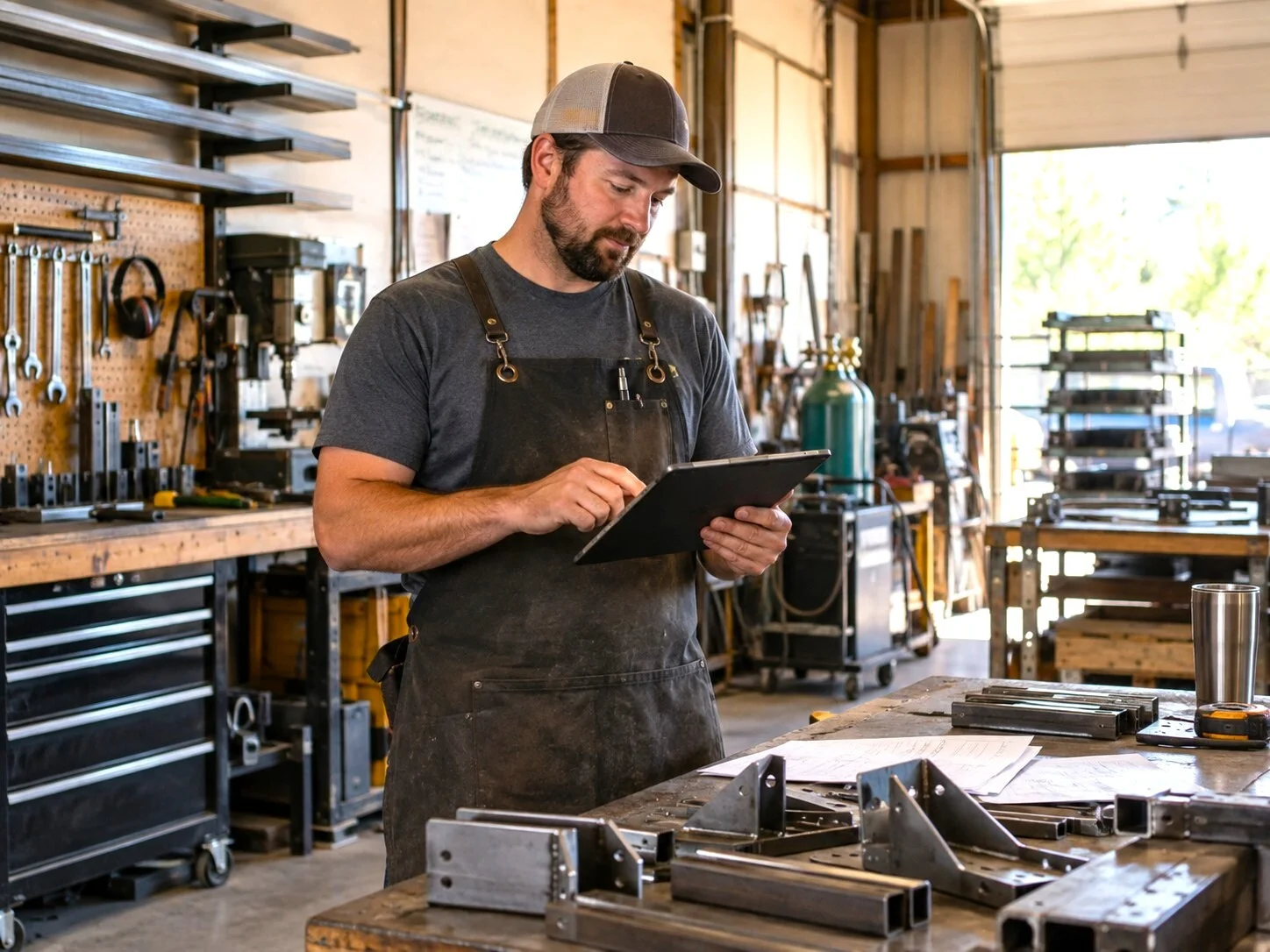 Small metalworking business operator using a tablet in a practical workshop