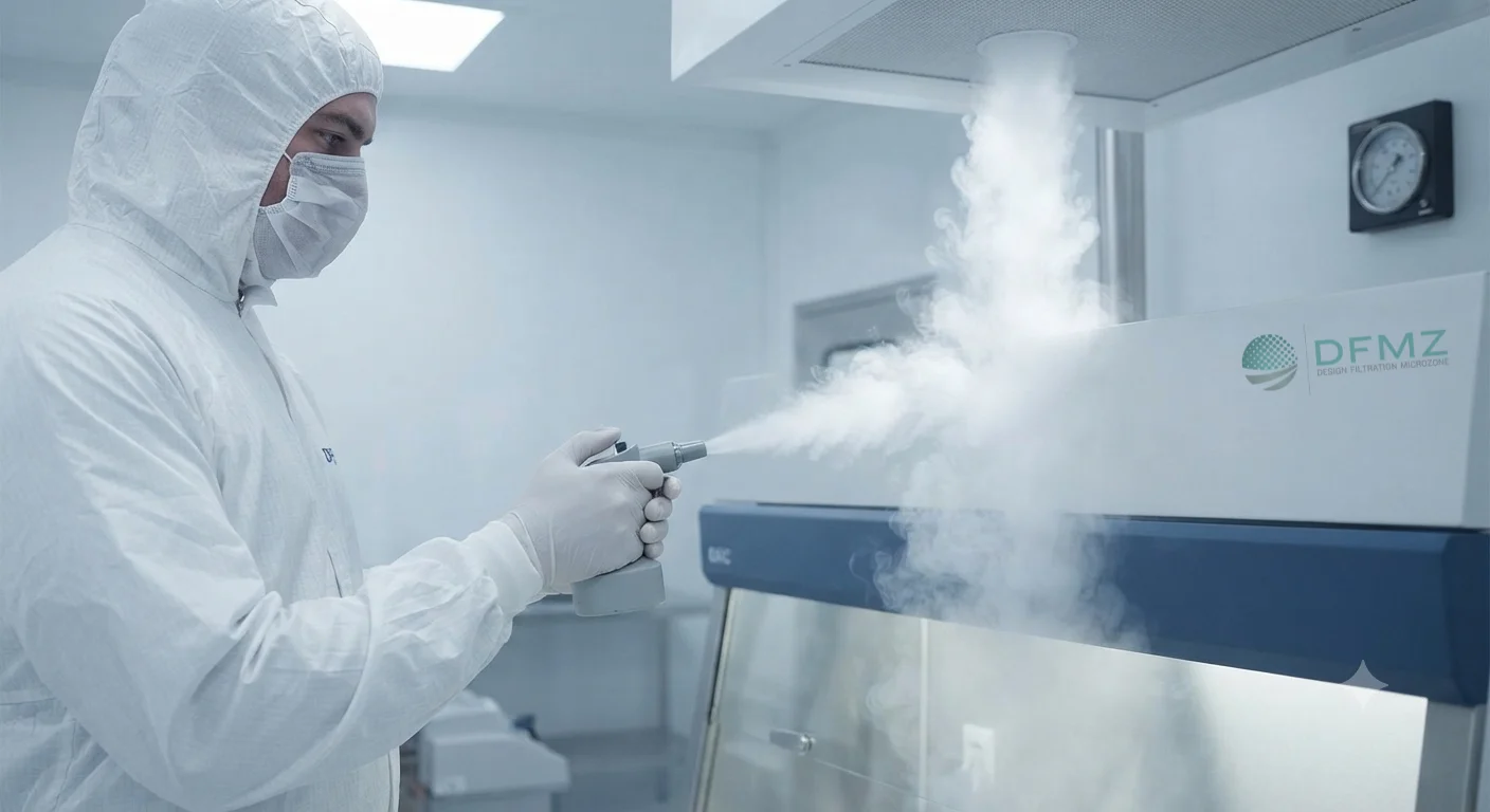 Technician in cleanroom garb performing surface disinfection of a biological safety cabinet