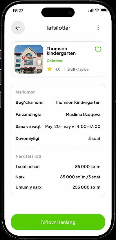 To'lov ekrani: xizmat, sana va narx