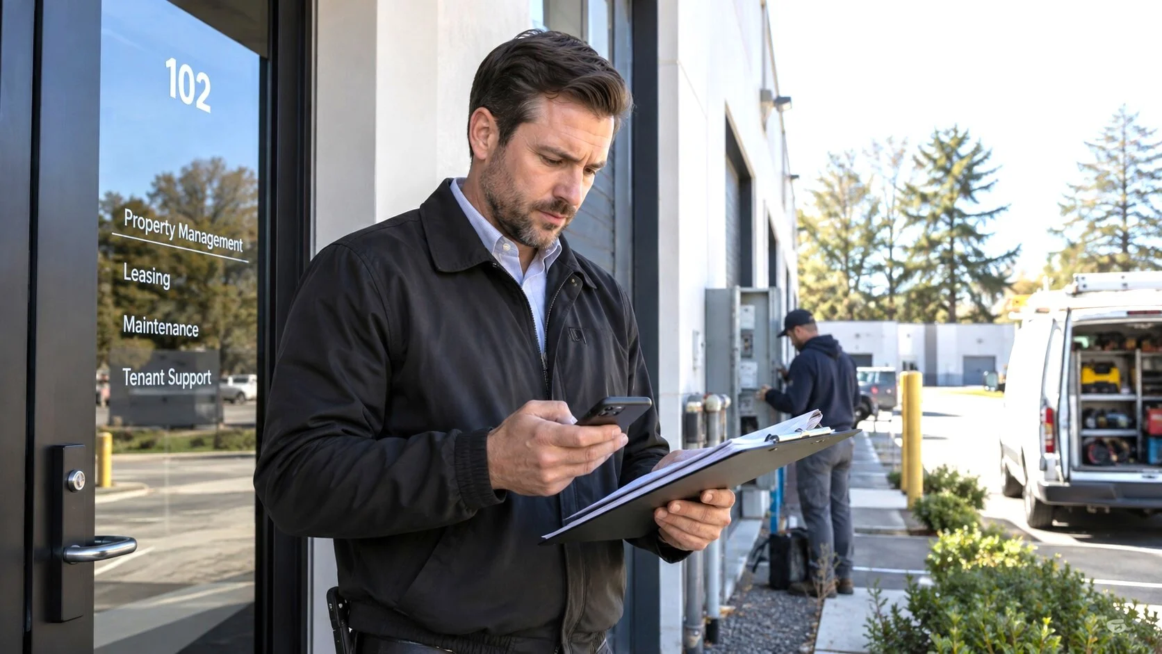 Property manager working on-site in a commercial property environment
