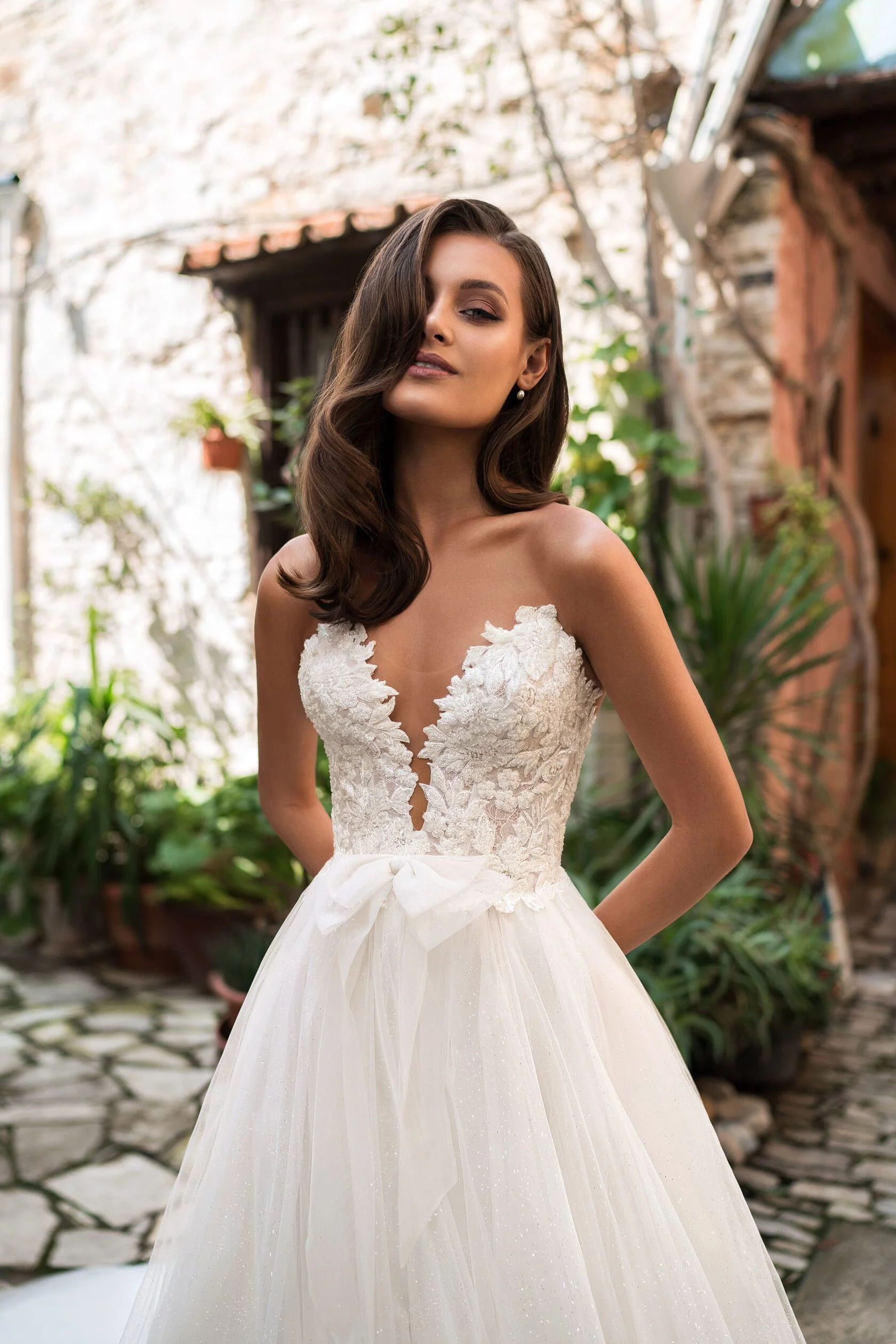 A-line wedding dress with plunging neckline