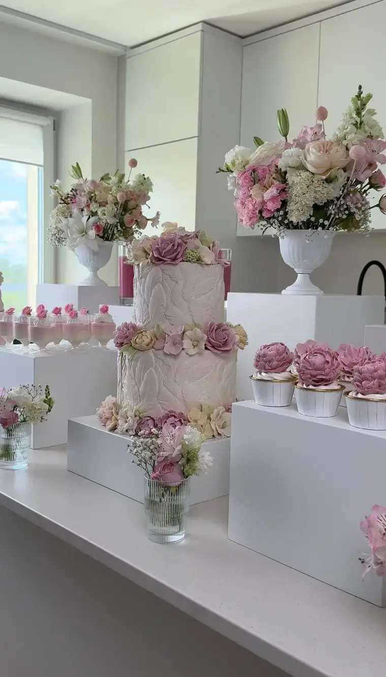 Dessert table with zefir peony cupcakes, layered desserts and a flower-covered cake