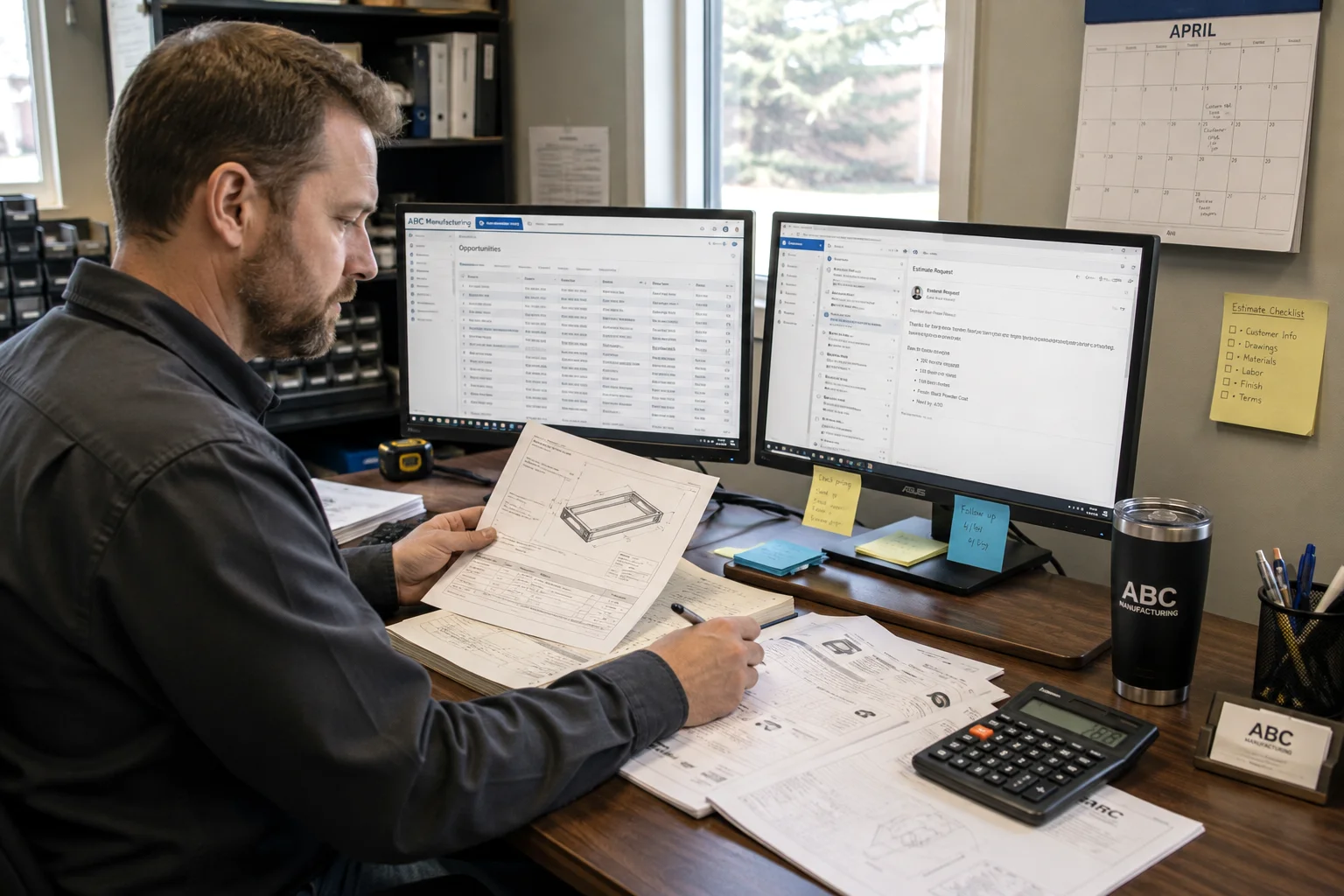 Estimator preparing a customer quote using job information, pricing data, email, and business software