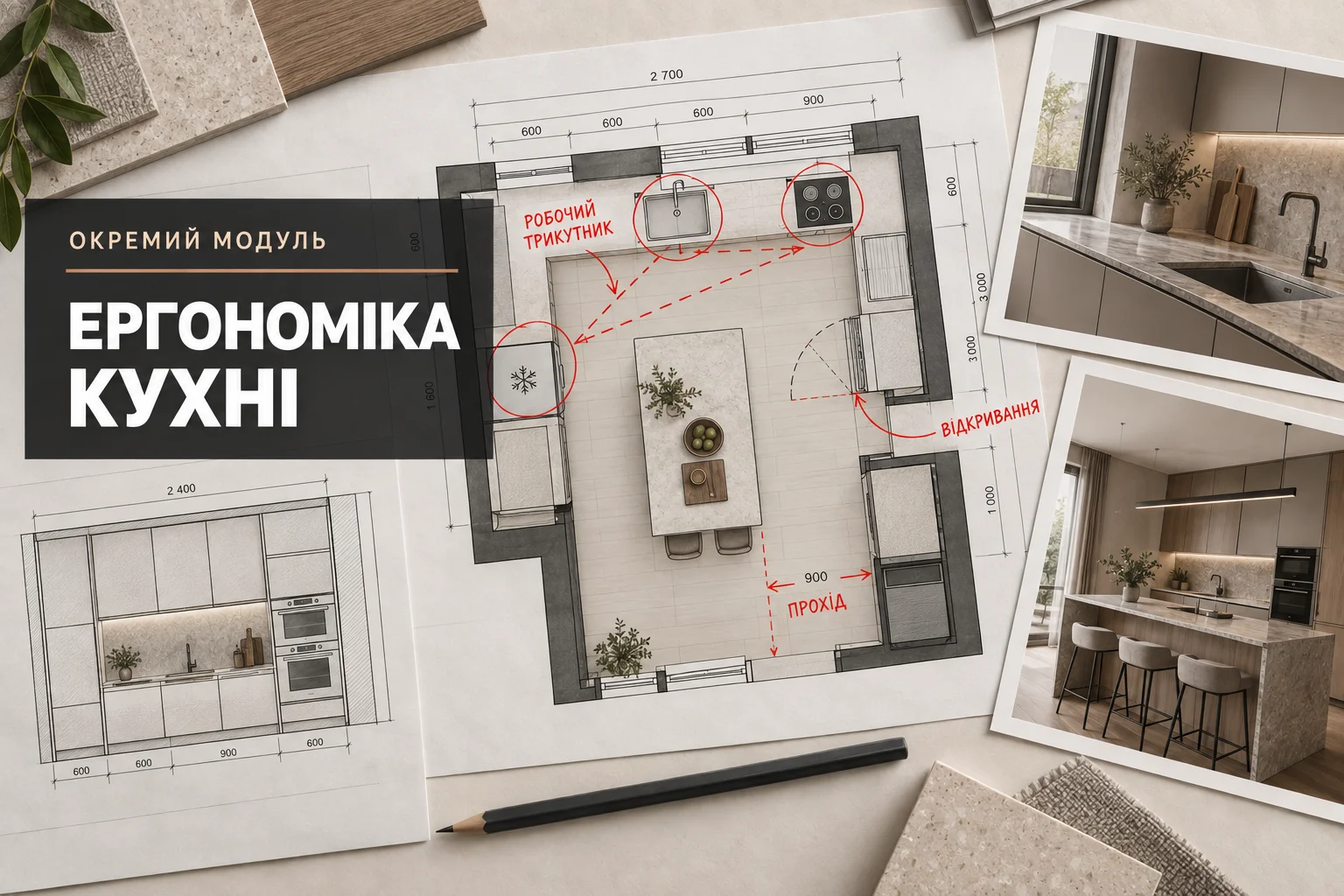 План кухні з перевіркою робочого трикутника, проходів і відкривань