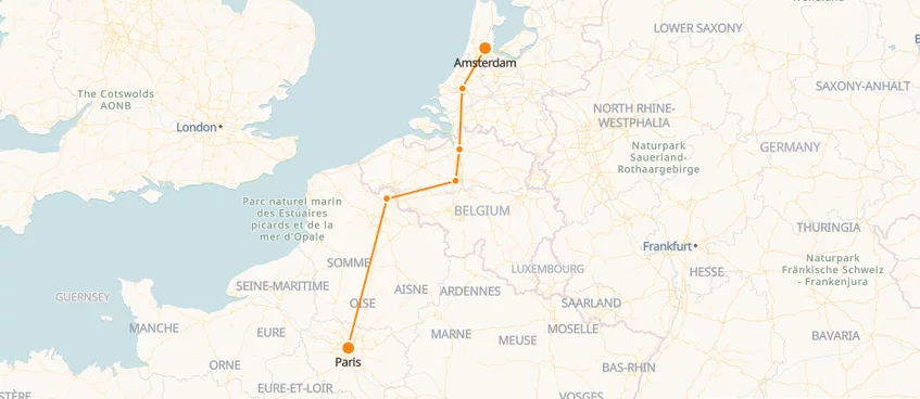 Paris to Amsterdam High Speed Train Tickets Map BENELUX TRAINS