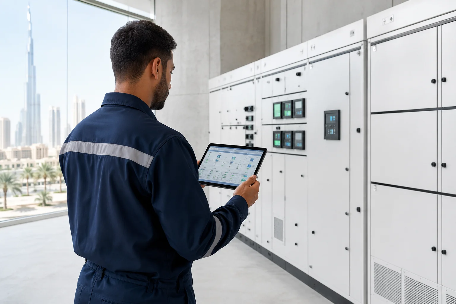Facility manager reviewing connected infrastructure status on a tablet