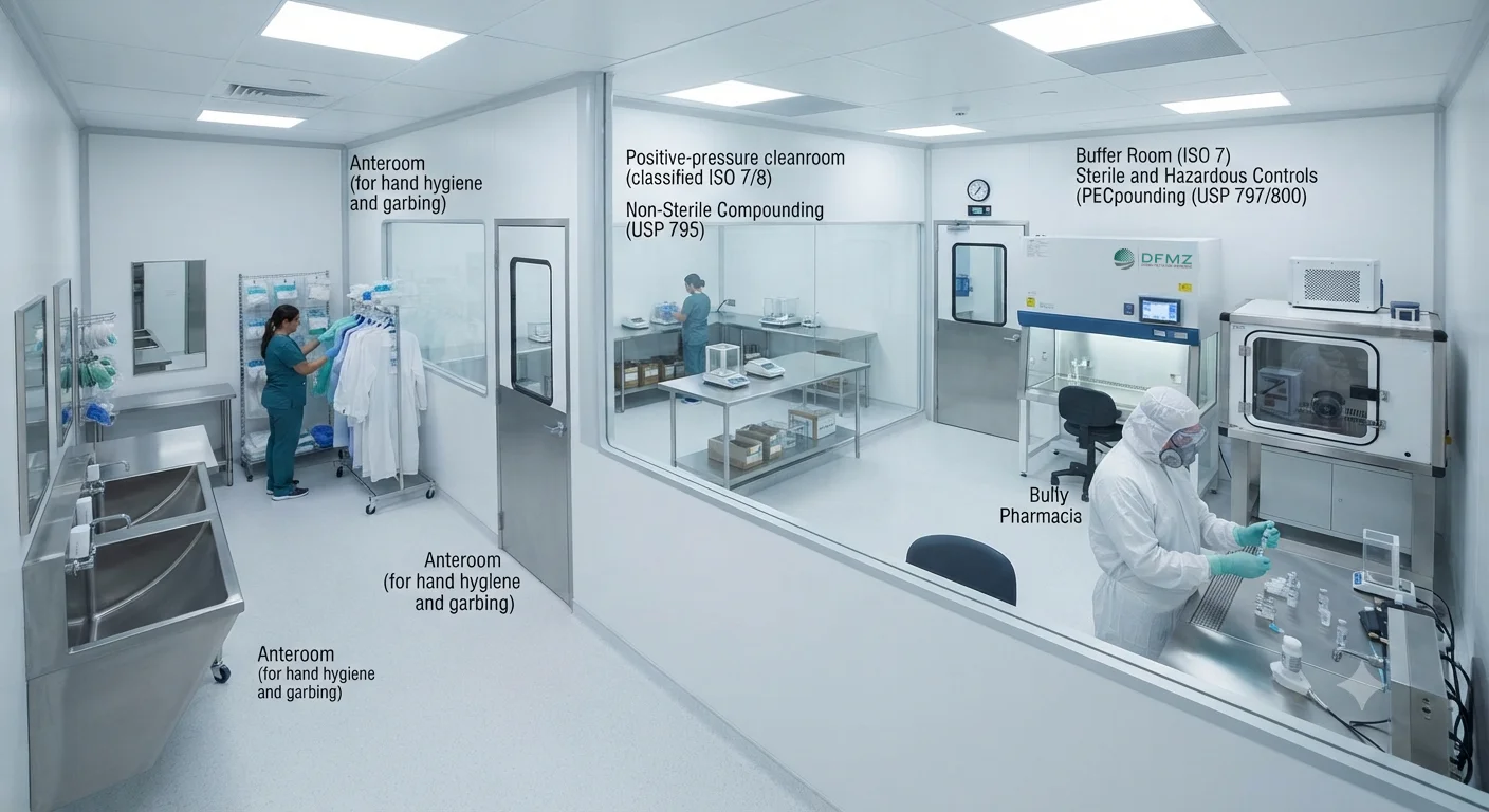 Cleanroom facility layout showing anterooms, non-sterile compounding area, and a buffer room with sterile and hazardous drug controls