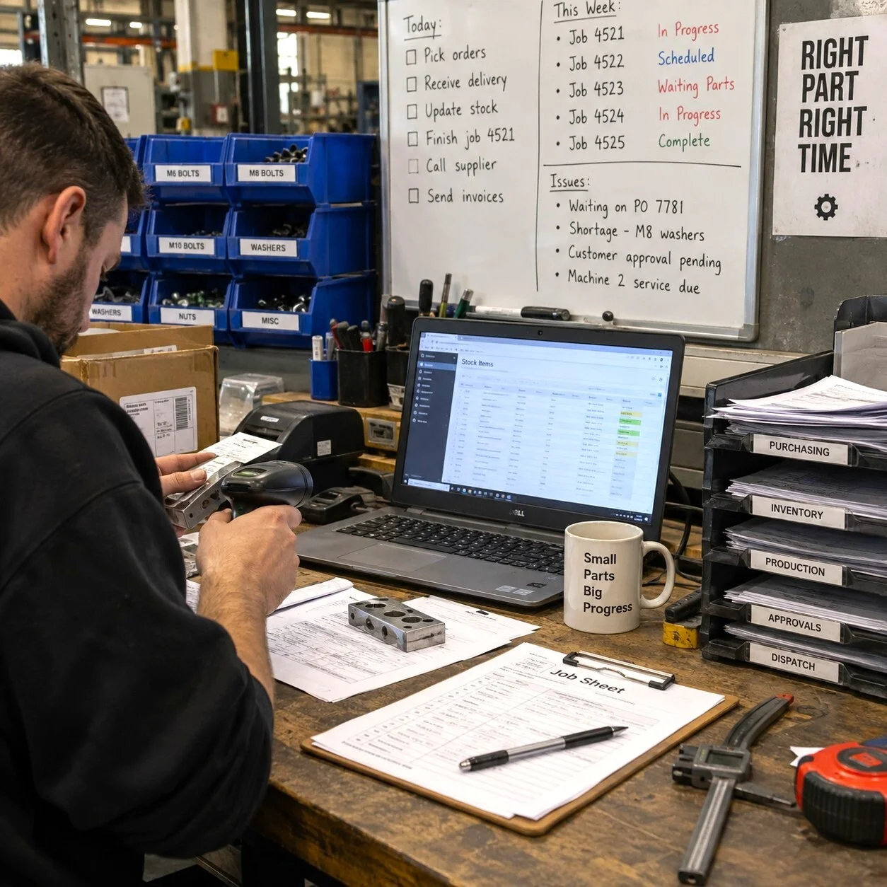 Small-business operations workspace with paperwork, barcode scanner, laptop, job sheets and inventory tools